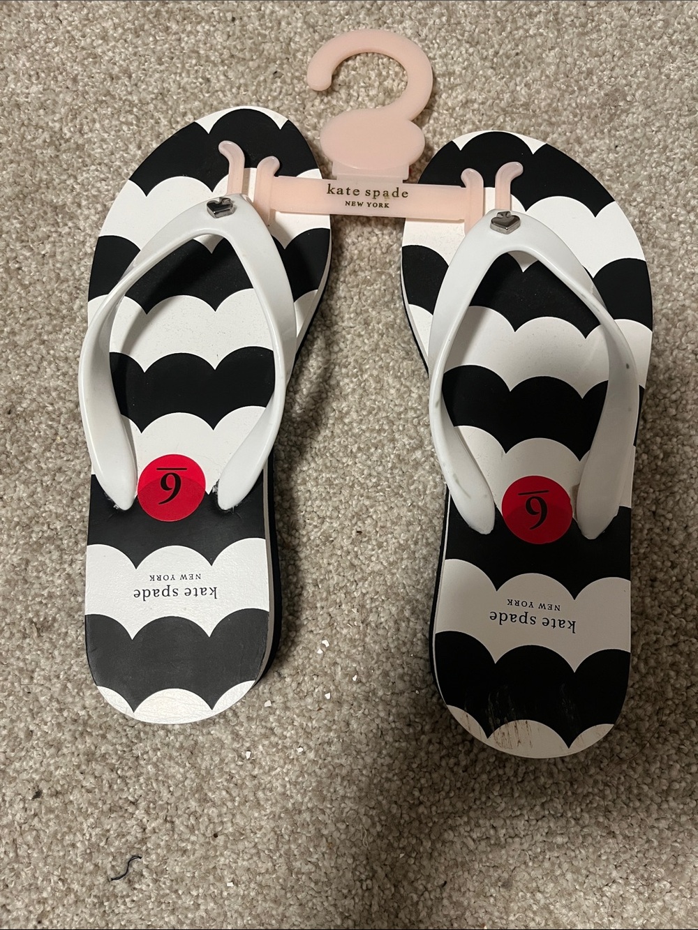 kate spade Black & White Scallop Pattern Flip Flops with White Straps